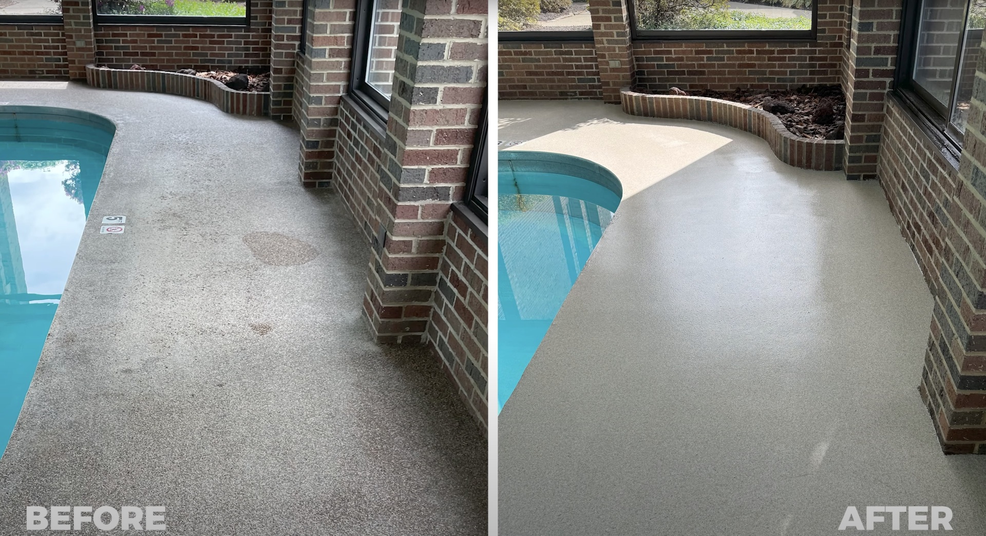 Before and after concrete pool deck restoration showing dramatic improvement